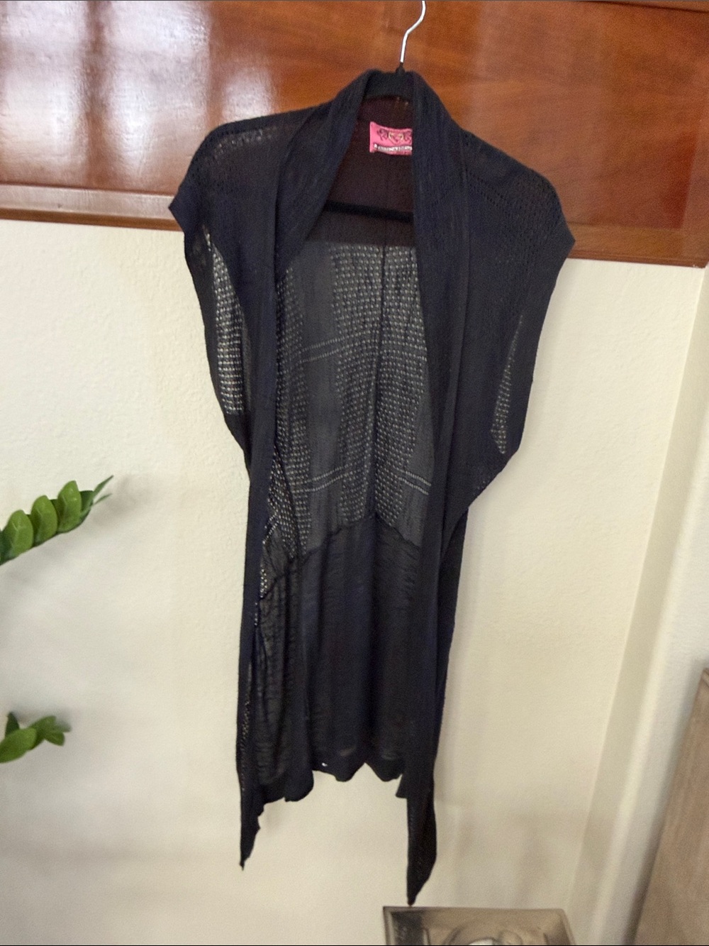 Boho Knit Sleeveless Cardigan Duster Open Front Draped Black Size M